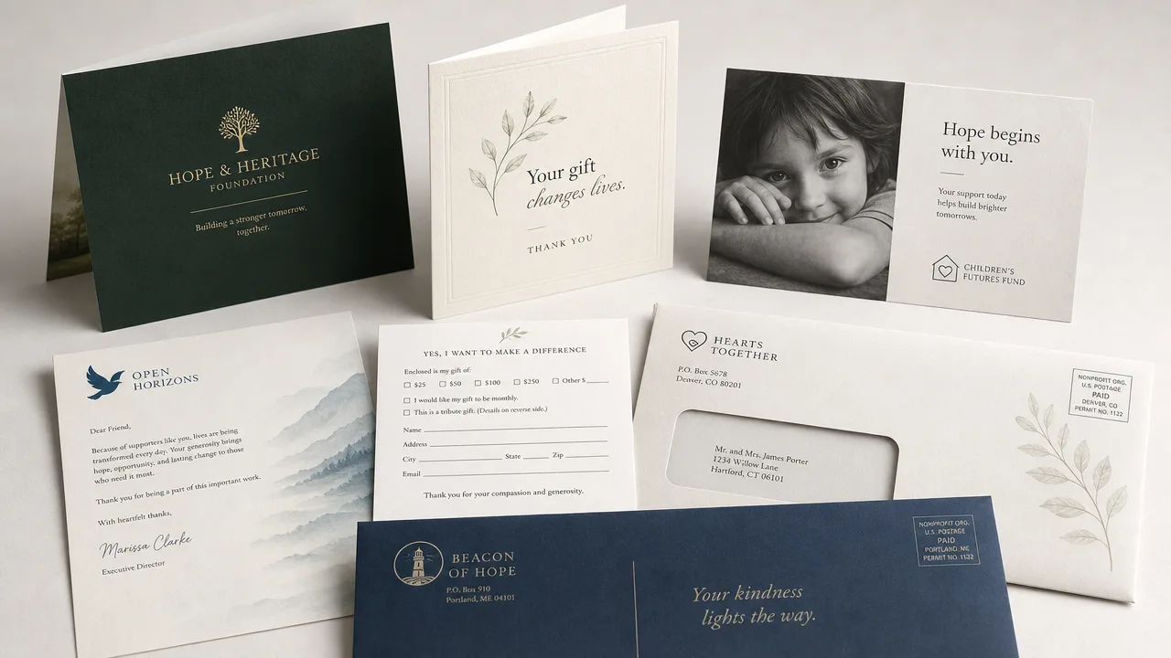 Charity appeal envelopes and donation cards