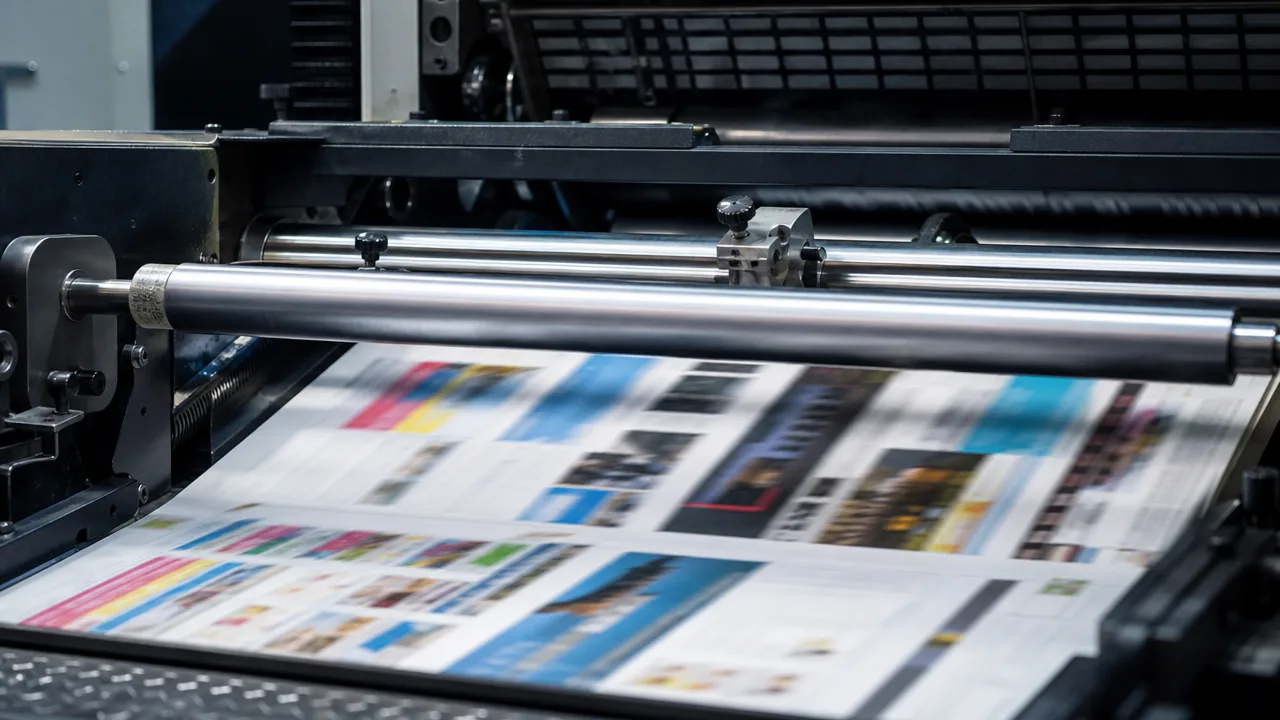 Heidelberg litho press rollers running full-colour commercial print